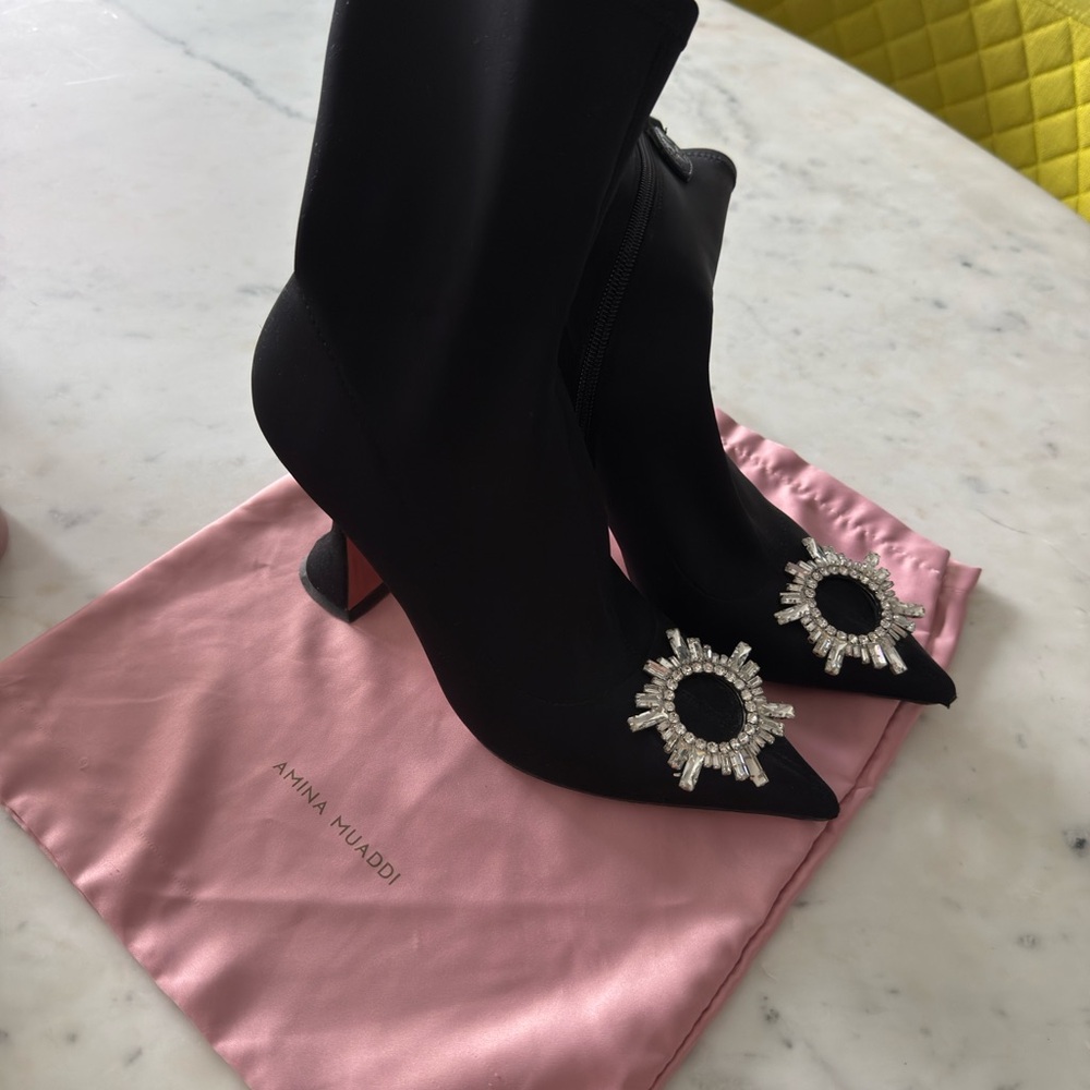 Amina Muaddi Black Heeled Boots with Embellishments